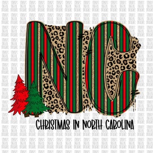 Christmas in North Carolina Sublimation Png Digital Download, Doodle Letters Png christmas, Christmas leopard print North Carolina NC