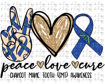Può includere: Grafica di pace, amore e cura con un segno di pace, un cuore e un nastro blu con una catena di DNA. Il nastro è blu con glitter. Il testo dice "Peace love cure Charcot Marie Tooth (CMT) Awareness".