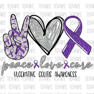 May include: Peace, love, and cure graphic with a purple ribbon, a peace sign, and a heart. The graphic is decorated with glitter and the text "Ulcerative Colitis Awareness".