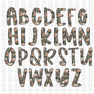 May include: A set of alphabet letters in a fall-themed font. The letters are outlined in black and filled with a pattern of pumpkins, leaves, and flowers in shades of orange, brown, green, and white.