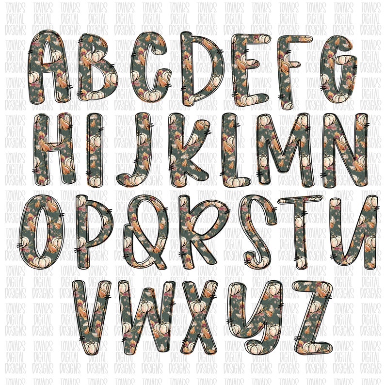 May include: A set of alphabet letters in a fall-themed font. The letters are outlined in black and filled with a pattern of pumpkins, leaves, and flowers in shades of orange, brown, green, and white.