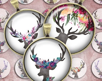 216 - Digital Collage Sheet 1inch Round image deer flower boho 25mm 18mm 14mm 12mm Circle Pendant Instant Download Jewelry Making