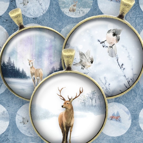 277 - Digital Collage Sheet 1 inch Round image winter deer reh 25 mm bottle cap images Circle Pendant Instant Download Jewelry Making