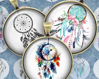 073 - Digital Collage Sheet 1inch Round dream catcher boho vintage 25mm bottle cap image Circle Pendant Instant Download Jewelry Making