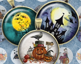 067-Digital Collage Sheet 1 inch Round image halloween pumpkin witch 25 mm bottle cap image Circle Pendant Instant Download Jewelry Making