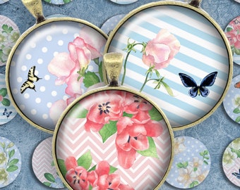 147-Digital Collage Sheet 1 inch Round image flower shabby chic 25 mm bottle cap image Circle Pendant Instant Download Jewelry Making