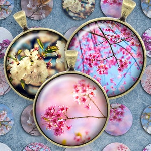 061 digitale collage blad 1 inch ronde afbeelding cherry blossom sakura 25 mm fles dop beelden cirkel hanger instant download sieraden maken afbeelding 1