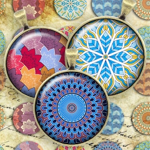 048-Digital Collage Sheet 1 inch Round image mandala pattern mosaic 25 mm bottle cap image Circle Pendant Instant Download Jewelry Making image 1