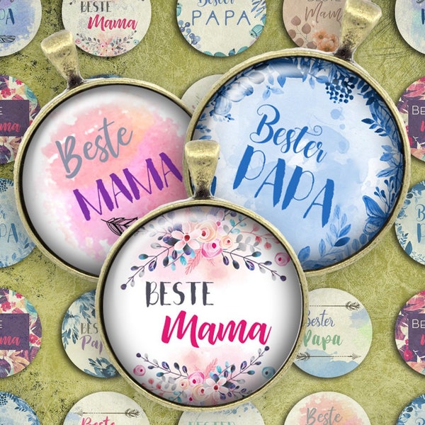 229 - Digital Collage Sheet 1inch Round image Beste Mama Bester Papa 25mm bottle cap image Circle Pendant Instant Download Jewelry Making