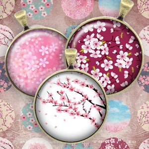 060 Digital Collage Sheet 1inch Round image cherry blossom sakura 25mm bottle cap images Circle Pendant Instant Download Jewelry Making Bild 1