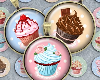 068 - Digital Collage Sheet 1inch Round image cupcake sweets muffin dots 25mm bottle cap Circle Pendant Instant Download Jewelry Making