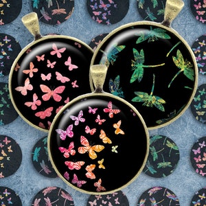 142-Digital Collage Sheet 1 inch Round image butterfly dragonfly rainbow 25 mm Bottle cap Circle Pendant Instant Download Jewelry Making image 1