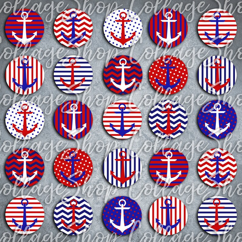 177 Digital Collage Sheet 1 pouce Image ronde ancre maritim marin 25 mm image bouchon de bouteille Circle Pendant Instant Download Bijoux Making image 2