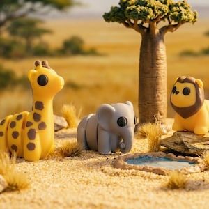 May include: A set of three small animal figurines including a yellow giraffe with brown spots, a gray elephant, and a yellow lion with a brown mane, all featuring large black eyes, positioned on a sandy surface with miniature trees and a rock.