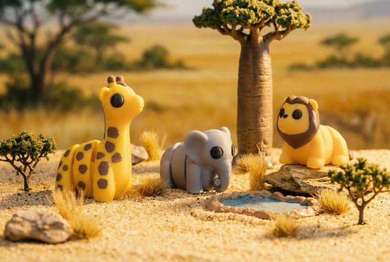 May include: A set of three small animal figurines including a yellow giraffe with brown spots, a gray elephant, and a yellow lion with a brown mane, all featuring large black eyes, positioned on a sandy surface with miniature trees and a rock.