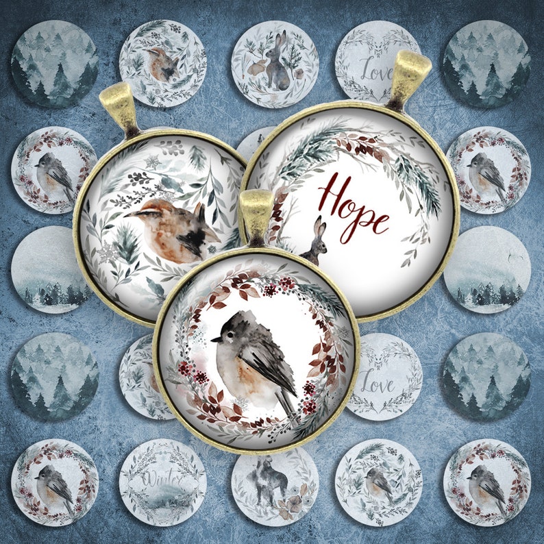 138 Digital Collage Sheet 1inch Round image rabbit wolf winter 25mm bottle cap images Circle Pendant Instant Download Jewelry Making Bild 1