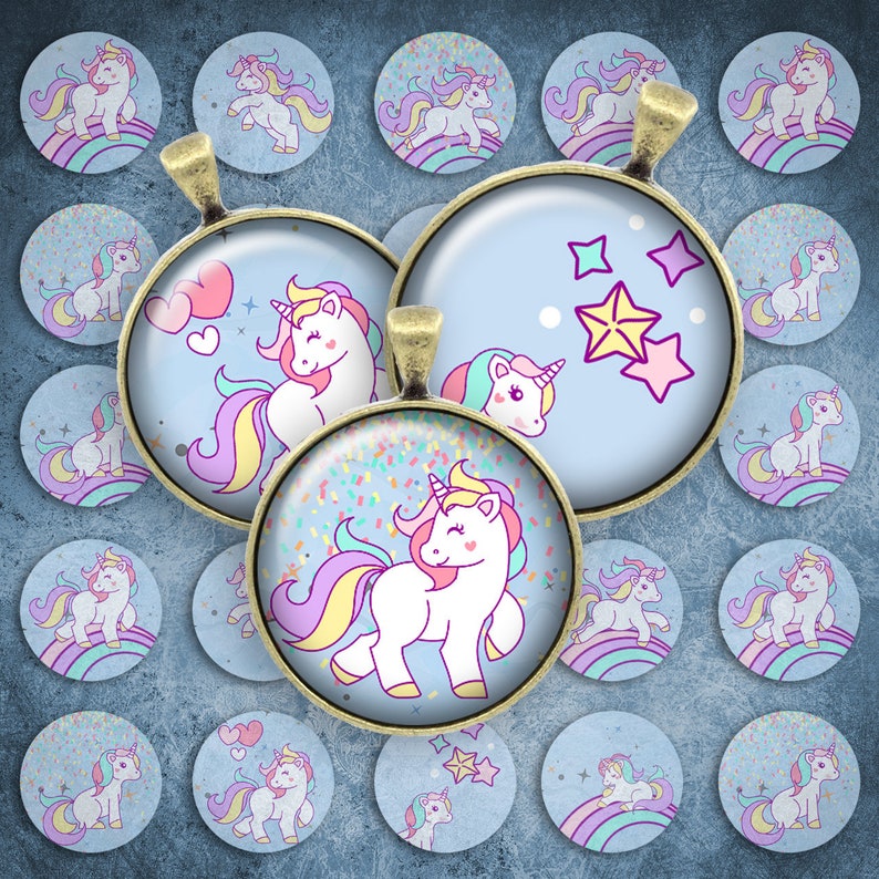 149-Digital Collage Sheet 1 inch Round Image unicorn rainbow girly 25 mm bottle cap images Circle Pendant Instant Download Jewelry Making image 1