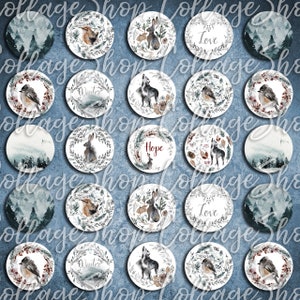 138 Digital Collage Sheet 1inch Round image rabbit wolf winter 25mm bottle cap images Circle Pendant Instant Download Jewelry Making Bild 2