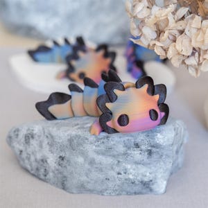May include: A small, colorful, 3D printed axolotl figurine with black details, resting on a gray rock. The axolotl has a rainbow-like color scheme with shades of pink, orange, blue, and purple.