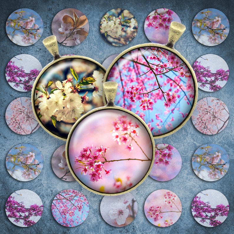 061 digitale collage blad 1 inch ronde afbeelding cherry blossom sakura 25 mm fles dop beelden cirkel hanger instant download sieraden maken afbeelding 1