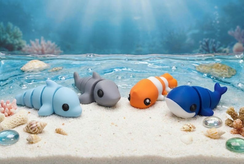 May include: Four articulated plastic sea creature figurines resting on a sandy surface. The set includes a light blue dolphin, a grey shark, an orange and white clownfish, and a dark blue whale, each featuring smooth surfaces and black eyes.