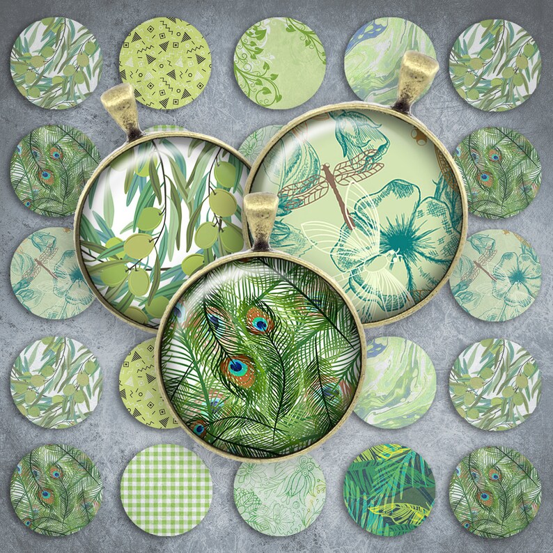 119 Digital Collage Sheet 1inch Round image green leafs pattern 25mm bottle cap images Circle Pendant Instant Download Jewelry Making Bild 1