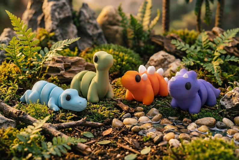 May include: Four small dinosaur figurines in light blue, sage green, orange, and purple. Each creature features a smooth, segmented body, a rounded head with black circular eyes, and a distinct posture. The orange and purple figures have small spikes.