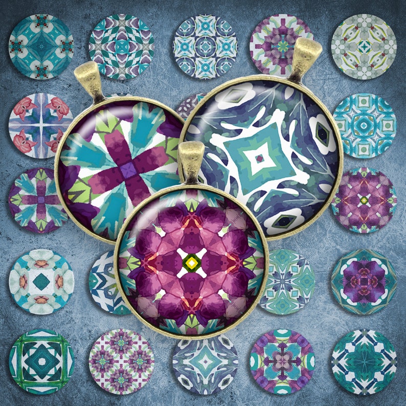 116-Digital Collage Sheet 1 inch Round image kaleidoscope mosaic mandala 25 mm bottle cap Circle Pendant Instant Download Jewelry Making image 1