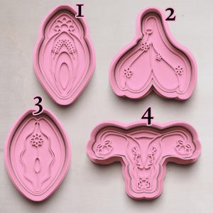 May include: Four pink cookie cutters in the shape of female reproductive organs. The cutters are made of a flexible material and are designed with detailed internal features. The shapes include a vulva, clitoris, and uterus.