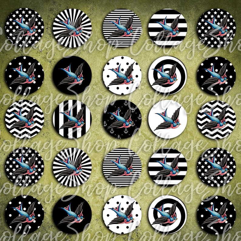 181 Digital Collage Sheet 1 pollice Immagine rotonda rockabilly rondine rondine punti 25 mm 18 mm 14 mm 12 mm cerchio ciondolo istantaneo Scaricare gioielli Making immagine 3