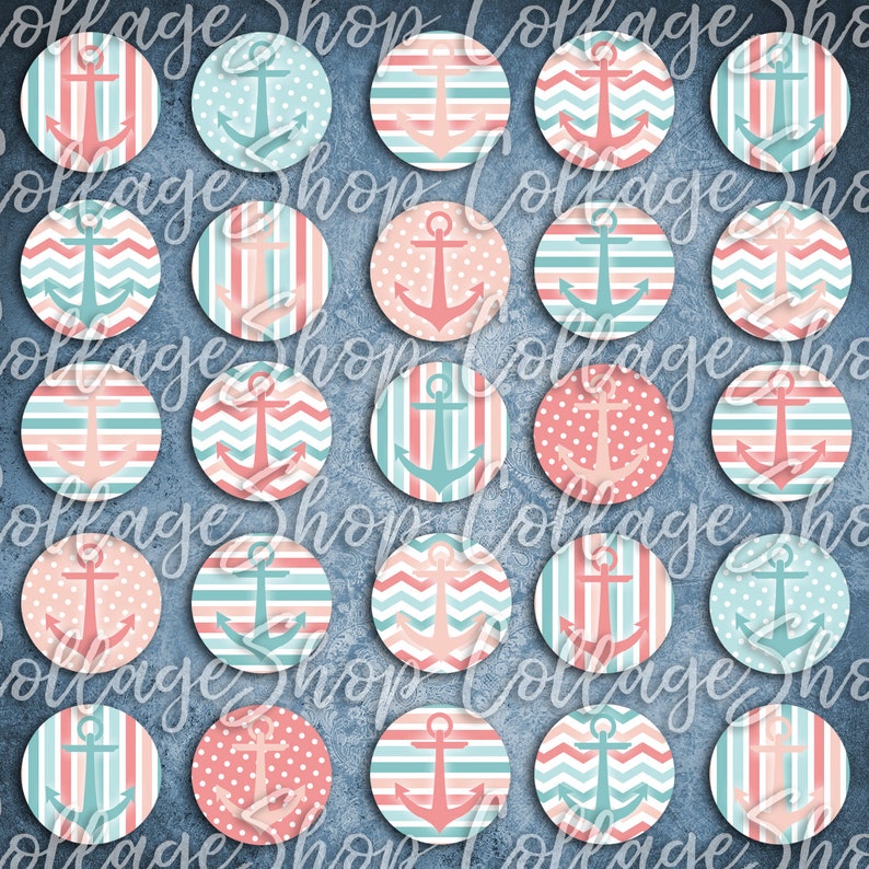 176 Digital Collage Sheet 1inch Round image anchor nautical maritim 25mm bottle cap images Circle Pendant Instant Download Jewelry Making Bild 2