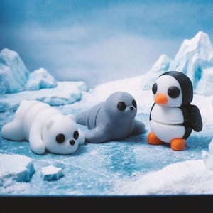 May include: A set of three small, smooth, rounded figurines featuring a white polar bear, a grey seal, and a black and white penguin with an orange beak and feet, arranged on a textured blue and white icy surface with miniature icebergs.