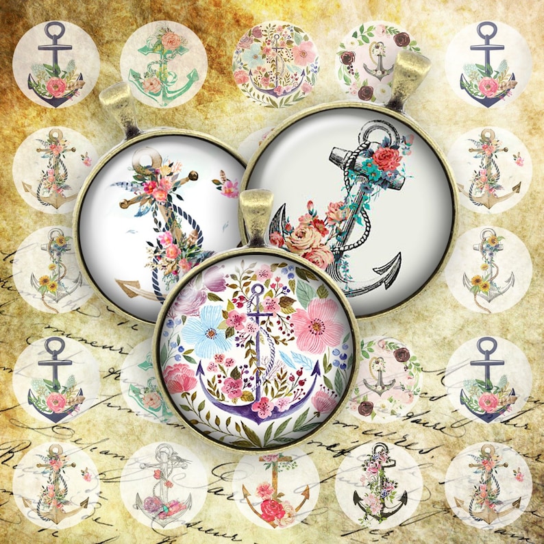 075 Digital Collage Sheet 1 inch Round image anchor nautical maritim 25 mm 18 mm 14 mm 12 mm Circle Pendant Instant Download Jewelry Making image 1