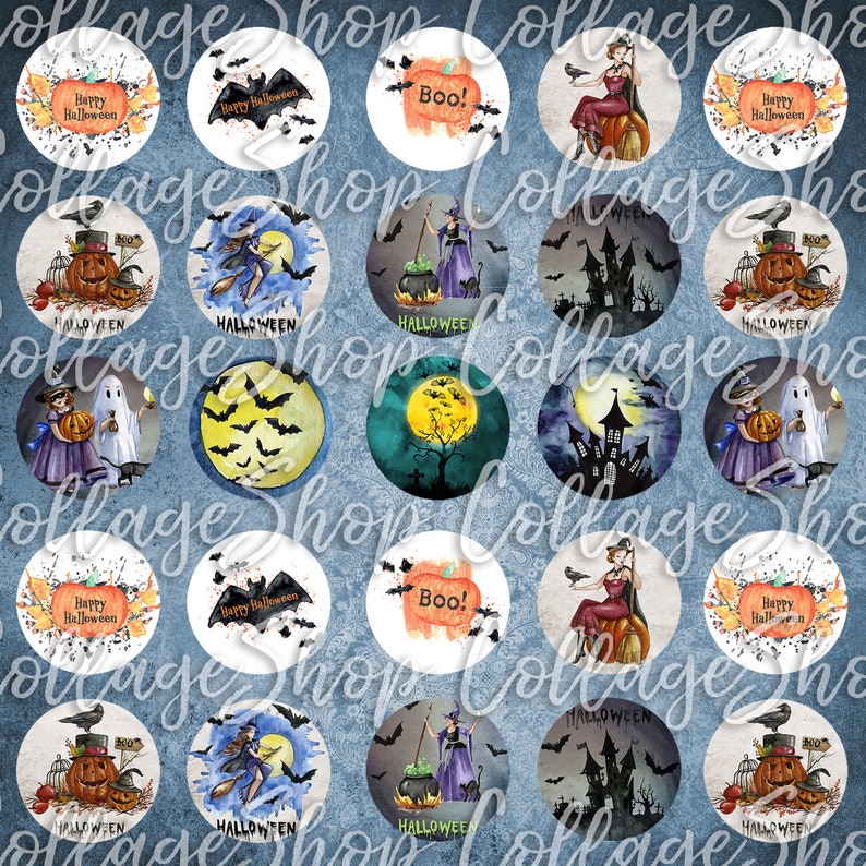 067 Digital Collage Sheet 1inch Round image halloween pumpkin witch 25mm bottle cap image Circle Pendant Instant Download Jewelry Making Bild 2