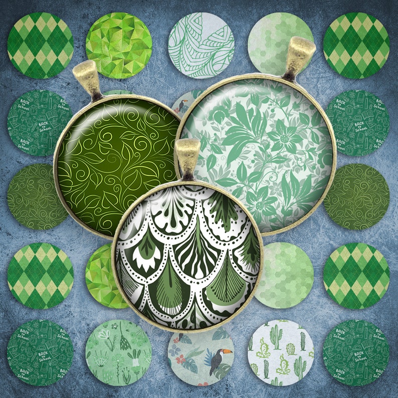 119 Digital Collage Sheet 1inch Round image green leafs pattern 25mm bottle cap images Circle Pendant Instant Download Jewelry Making Bild 2