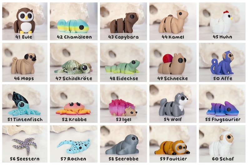 May include: A collection of twenty small, articulated animal figurines arranged in a grid. Each figure features a unique creature design, including an owl, chameleon, capybara, camel, chicken, pug, turtle, lizard, snail, monkey, squid, crab, hedgehog, wolf, pterosaur, starfish, stingray, seal, sloth, and sheep, labeled with numbers 41 through 60.