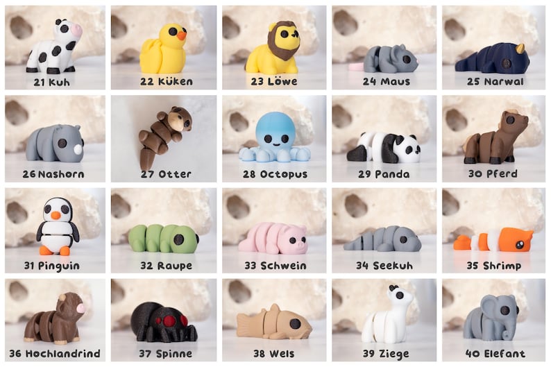 May include: A collection of twenty small, articulated animal figurines labeled 21 through 40. Each figure features a distinct color and shape, including a cow, chick, lion, mouse, narwhal, rhino, otter, octopus, panda, horse, penguin, caterpillar, pig, manatee, shrimp, highland cow, spider, catfish, goat, and elephant.