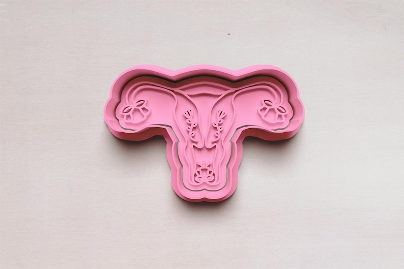 May include: A pink cookie cutter in the shape of a uterus. The cutter has detailed lines showing the internal structure. The design includes the fallopian tubes, ovaries, and the body of the uterus. The cutter is made of plastic.