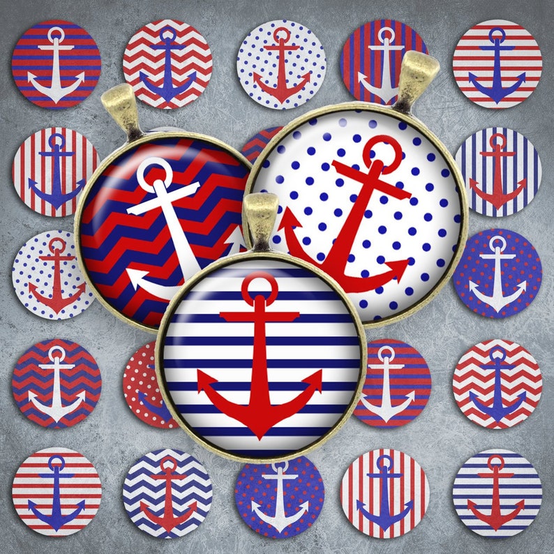177-Digital Collage Sheet 1 inch Round image anchor Nautical maritim 25 mm bottle cap images Circle Pendant Instant Download Jewelry Making image 1
