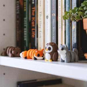 May include: A collection of four small animal figurines including a brown bear, an orange and white fox, a brown and white owl, and a gray husky dog, all arranged in a row on a white shelf in front of a series of books and a potted plant.