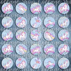 149-Digital Collage Sheet 1 inch Round Image unicorn rainbow girly 25 mm bottle cap images Circle Pendant Instant Download Jewelry Making image 2