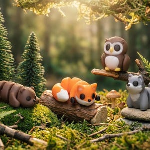 May include: A set of small, stylized animal figurines including a brown bear, an orange and white fox, a brown owl, and a grey wolf. The figures are arranged in a forest setting with miniature pine trees, mossy ground, small mushrooms, and branches.