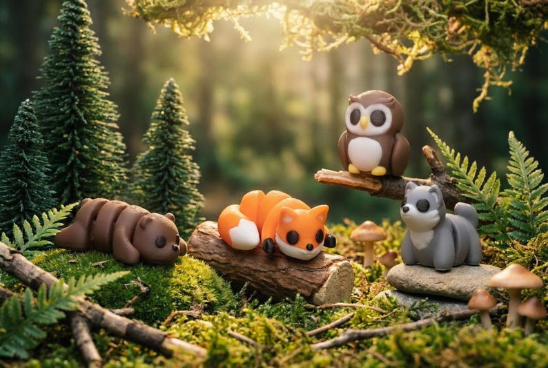 May include: A set of small, stylized animal figurines including a brown bear, an orange and white fox, a brown owl, and a grey wolf. The figures are arranged in a forest setting with miniature pine trees, mossy ground, small mushrooms, and branches.