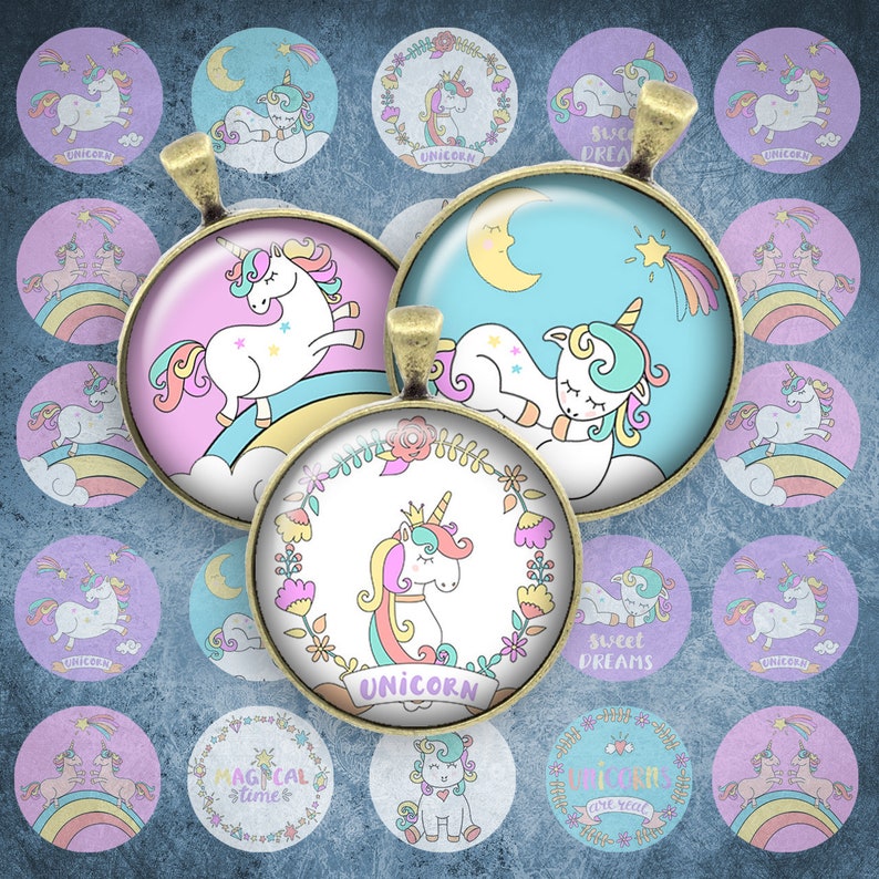 126 Digital Collage Sheet 1inch Round image unicorn rainbow fairytale 25mm bottle cap image Circle Pendant Instant Download Jewelry Making Bild 1