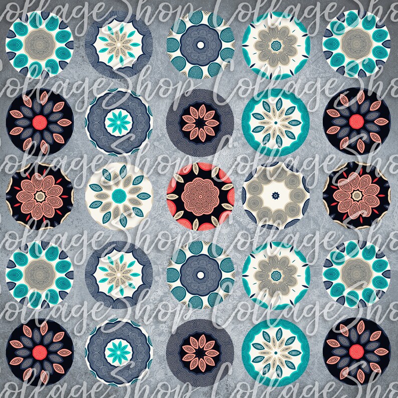 089-Digital Collage Sheet 1 inch Round image african pattern kaleidoscope 25 mm bottle cap Circle Pendant Instant Download Jewelry Making image 2