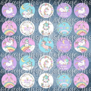 126-Digital Collage Sheet 1 inch Round Image unicorn rainbow fairytale 25 mm bottle Cap image Circle Pendant Instant Download Jewelry Making image 2