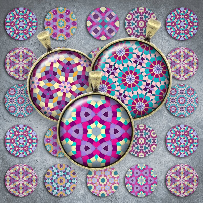 100-Digital Collage Sheet 1 inch Round image mosaic mandala kaleidoscope 25 mm bottle cap Circle Pendant Instant Download Jewelry Making image 1