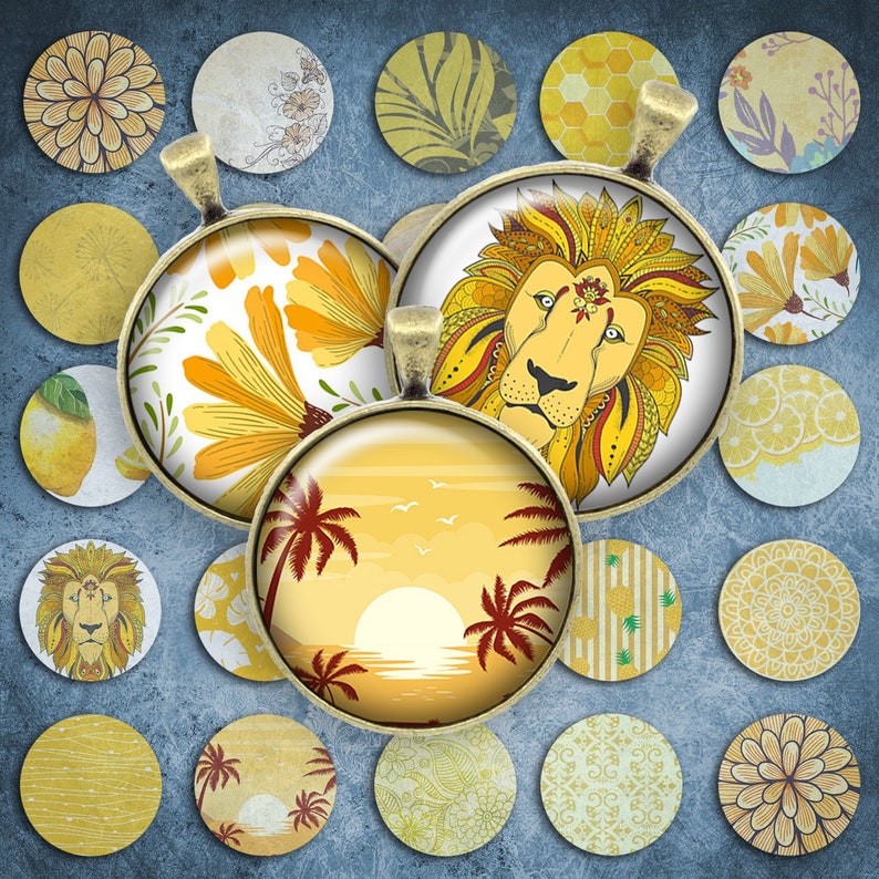 120 Digital Collage Sheet 1inch Round image yellow pattern lion sunset 25mm bottle cap Circle Pendant Instant Download Jewelry Making Bild 1