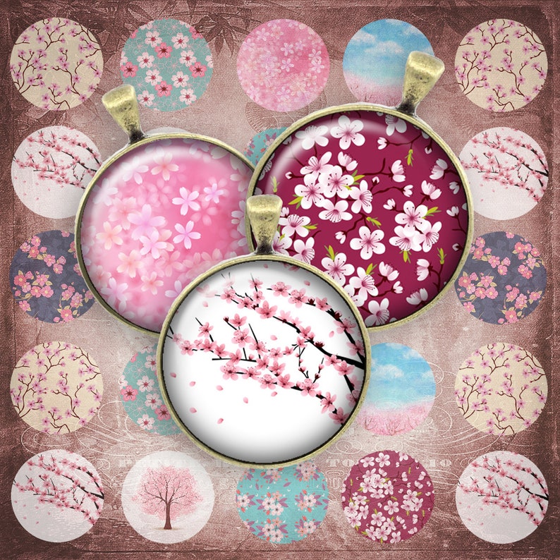 060 Digital Collage Sheet 1inch Round image cherry blossom sakura 25mm bottle cap images Circle Pendant Instant Download Jewelry Making Bild 1