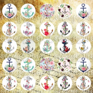 075 Digital Collage Sheet 1inch Round image anchor nautical maritim 25mm 18mm 14mm 12mm Circle Pendant Instant Download Jewelry Making Bild 2